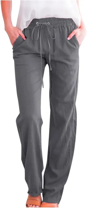 Womens Casual Summer Pants 2024 Straight Leg Drawstring Elastic High Waist Cotton Linen Pants Loose Comfy Trousers