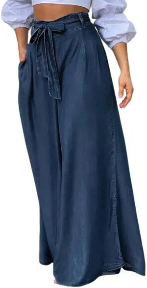 Women's Casual Tie Knot Wide Leg Jean Trousers Flowy Culottes High Waist Dressy Denim Pants with Pockets