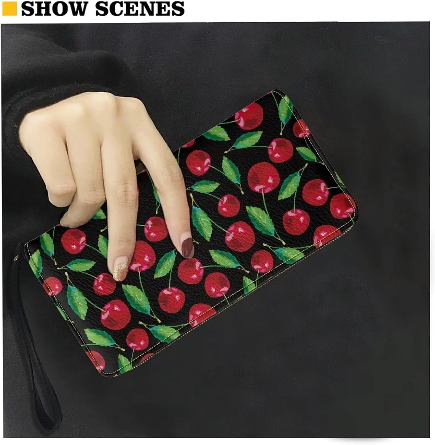 Women's Cherry Clutch Wallet RFID Blocking Wristlet Wallets Credit Cards Purse for Ladies Teenage Girls