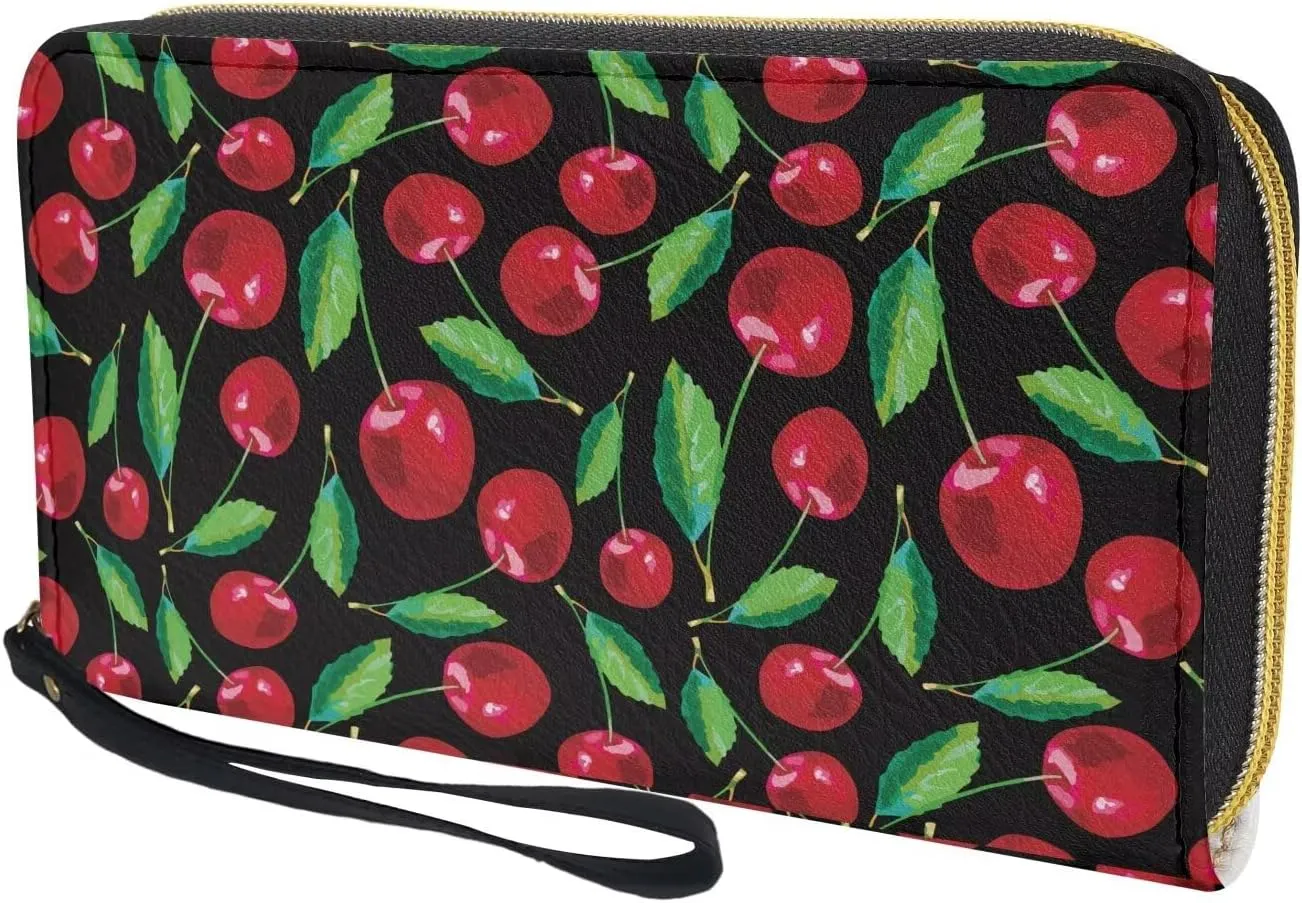 Women's Cherry Clutch Wallet RFID Blocking Wristlet Wallets Credit Cards Purse for Ladies Teenage Girls