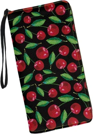 Women's Cherry Clutch Wallet RFID Blocking Wristlet Wallets Credit Cards Purse for Ladies Teenage Girls