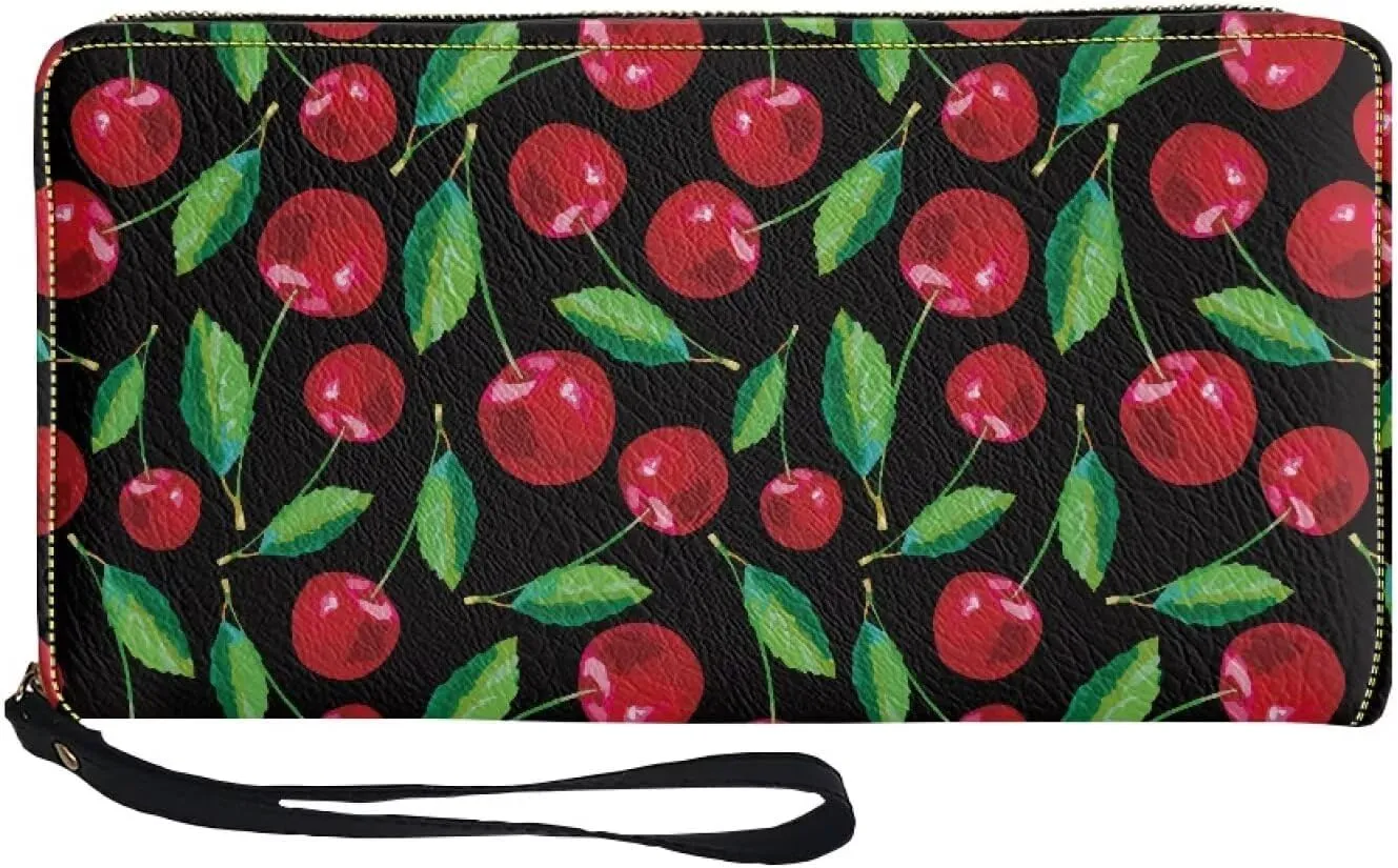 Women's Cherry Clutch Wallet RFID Blocking Wristlet Wallets Credit Cards Purse for Ladies Teenage Girls