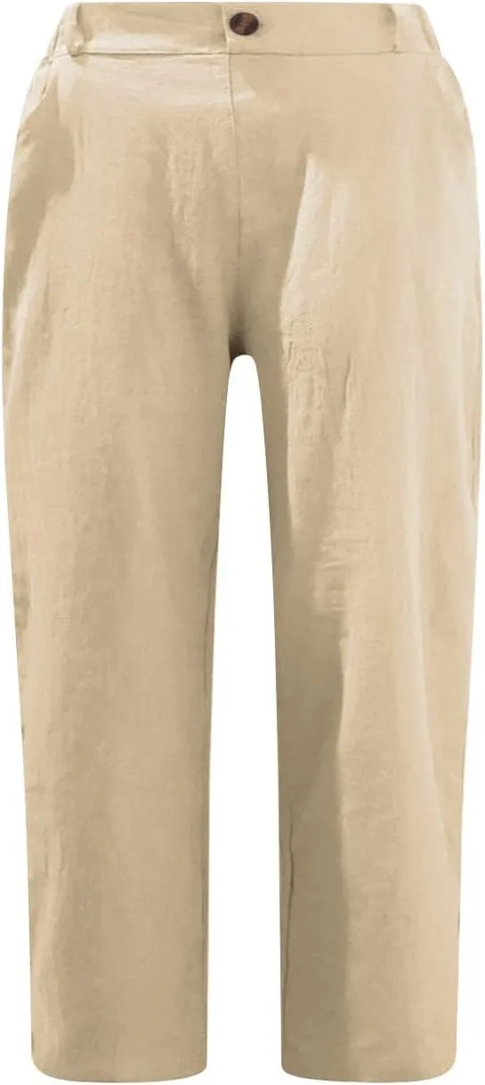 Women's Cotton Linen Capris Pants Casual Summer Elastic Waist Capri Pant Comfy Lounge Cropped Trousers Beach Clothes