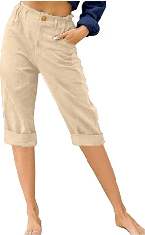 Women's Cotton Linen Capris Pants Casual Summer Elastic Waist Capri Pant Comfy Lounge Cropped Trousers Beach Clothes