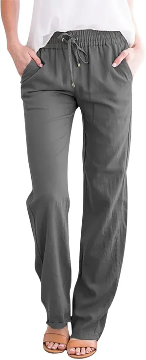 Womens Cotton Linen Casual Pants Straight Leg Drawstring Elastic High Waist Loose Comfy Palazzo Trousers with Pockets