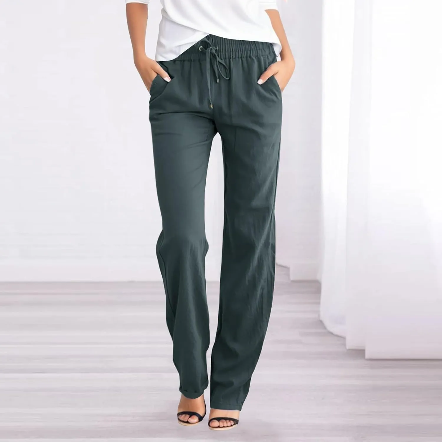 Womens Cotton Linen Casual Pants Straight Leg Drawstring Elastic High Waist Loose Comfy Palazzo Trousers with Pockets