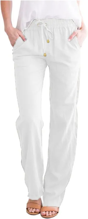 Womens Cotton Linen Casual Pants Straight Leg Drawstring Elastic High Waist Loose Comfy Palazzo Trousers with Pockets
