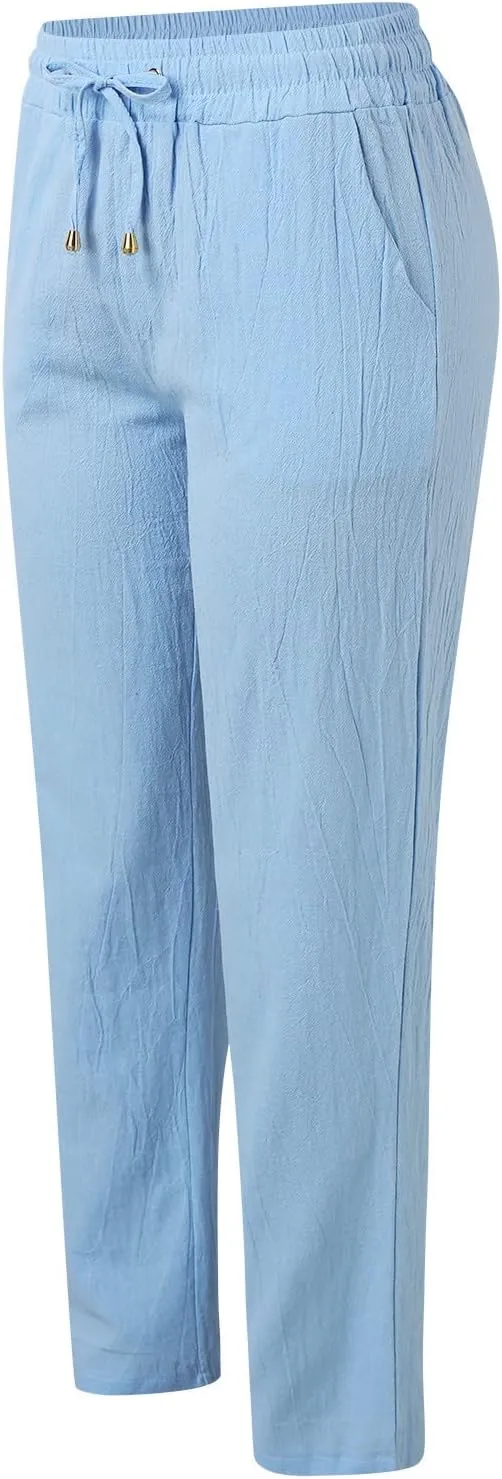 Womens Cotton Linen Casual Pants Straight Leg Drawstring Elastic High Waist Loose Comfy Palazzo Trousers with Pockets