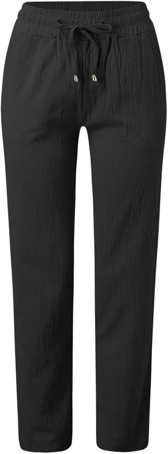 Womens Cotton Linen Casual Pants Straight Leg Drawstring Elastic High Waist Loose Comfy Palazzo Trousers with Pockets