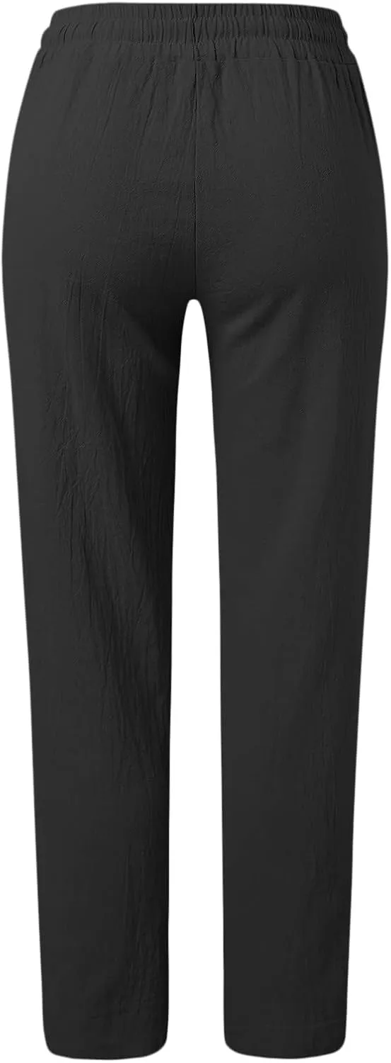 Womens Cotton Linen Casual Pants Straight Leg Drawstring Elastic High Waist Loose Comfy Palazzo Trousers with Pockets
