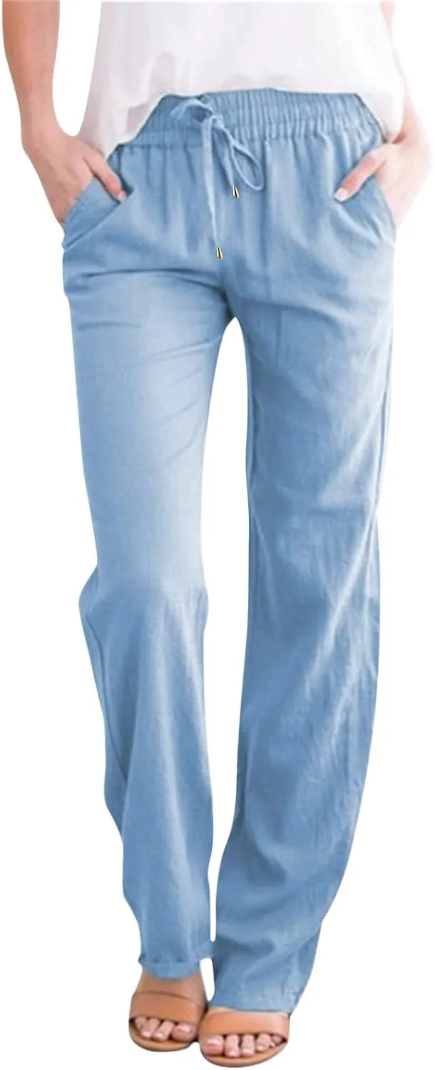 Womens Cotton Linen Casual Pants Straight Leg Drawstring Elastic High Waist Loose Comfy Palazzo Trousers with Pockets