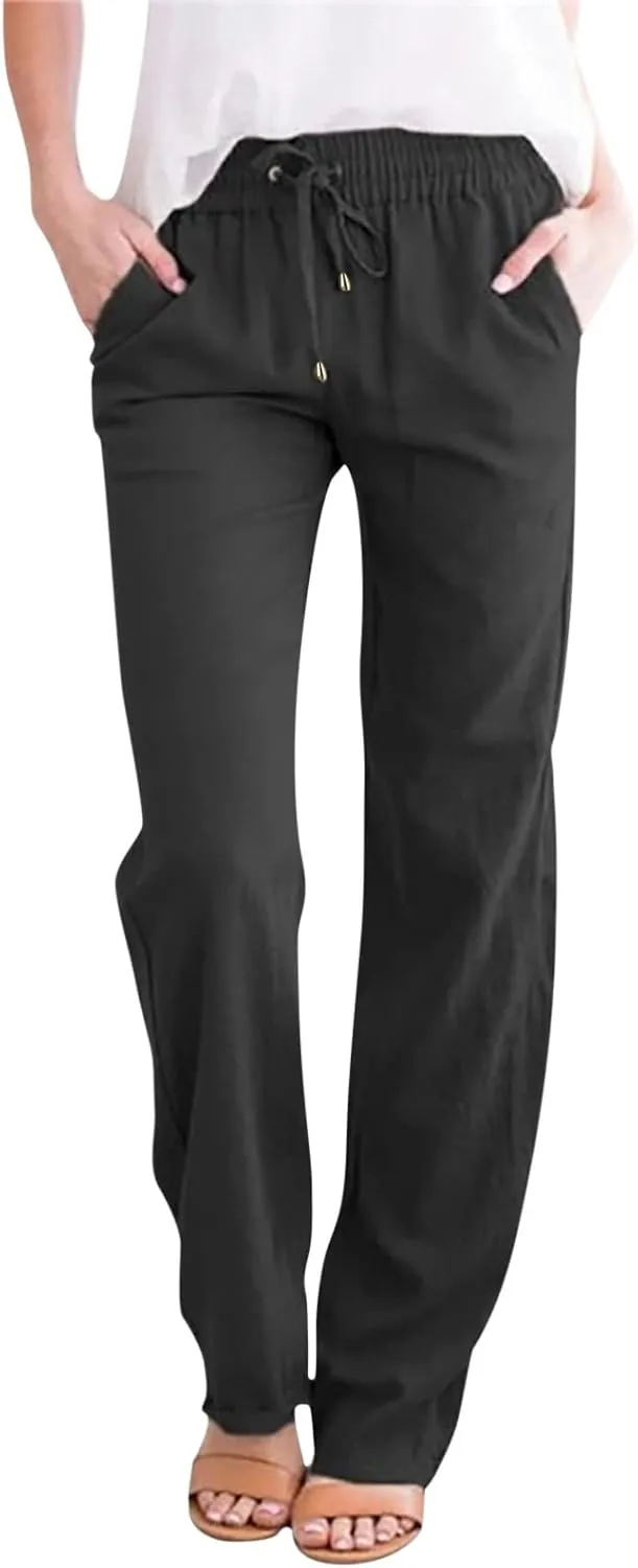 Womens Cotton Linen Casual Pants Straight Leg Drawstring Elastic High Waist Loose Comfy Palazzo Trousers with Pockets
