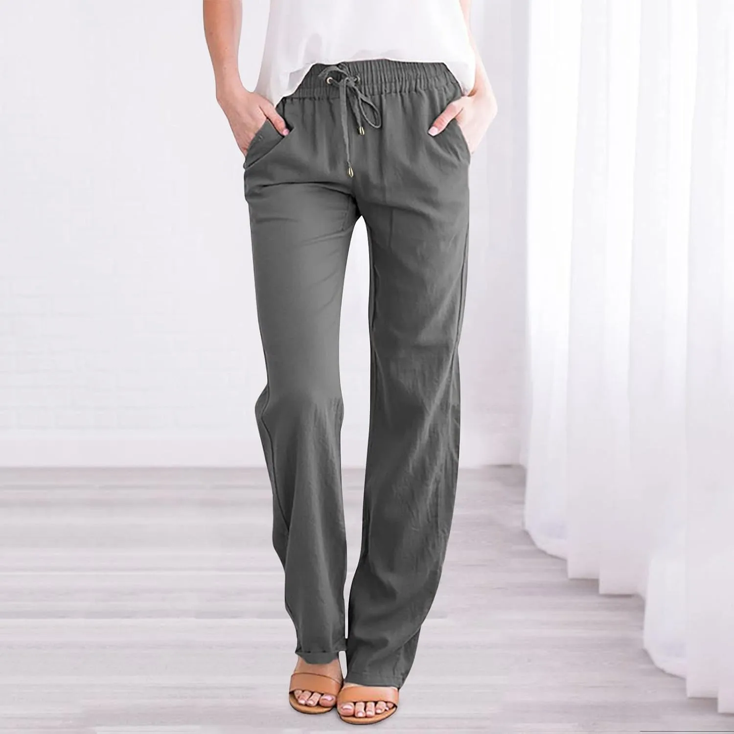 Womens Cotton Linen Casual Pants Straight Leg Drawstring Elastic High Waist Loose Comfy Palazzo Trousers with Pockets