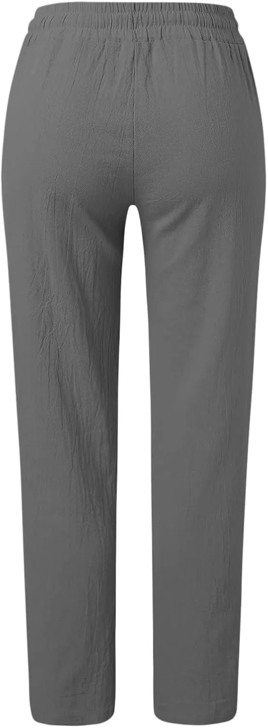 Womens Cotton Linen Casual Pants Straight Leg Drawstring Elastic High Waist Loose Comfy Palazzo Trousers with Pockets