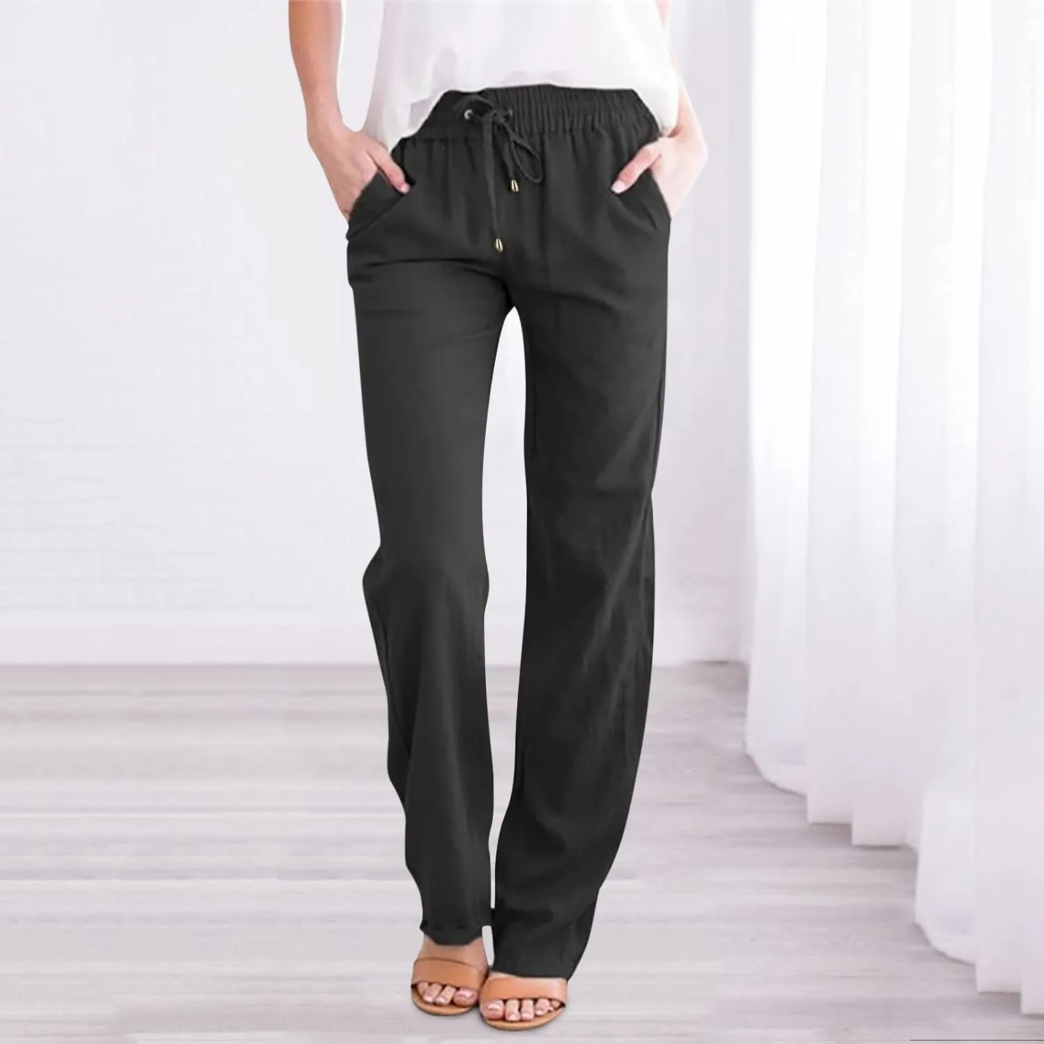 Womens Cotton Linen Casual Pants Straight Leg Drawstring Elastic High Waist Loose Comfy Palazzo Trousers with Pockets
