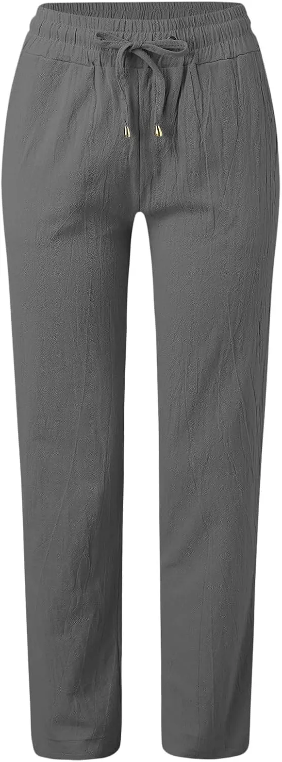 Womens Cotton Linen Casual Pants Straight Leg Drawstring Elastic High Waist Loose Comfy Palazzo Trousers with Pockets
