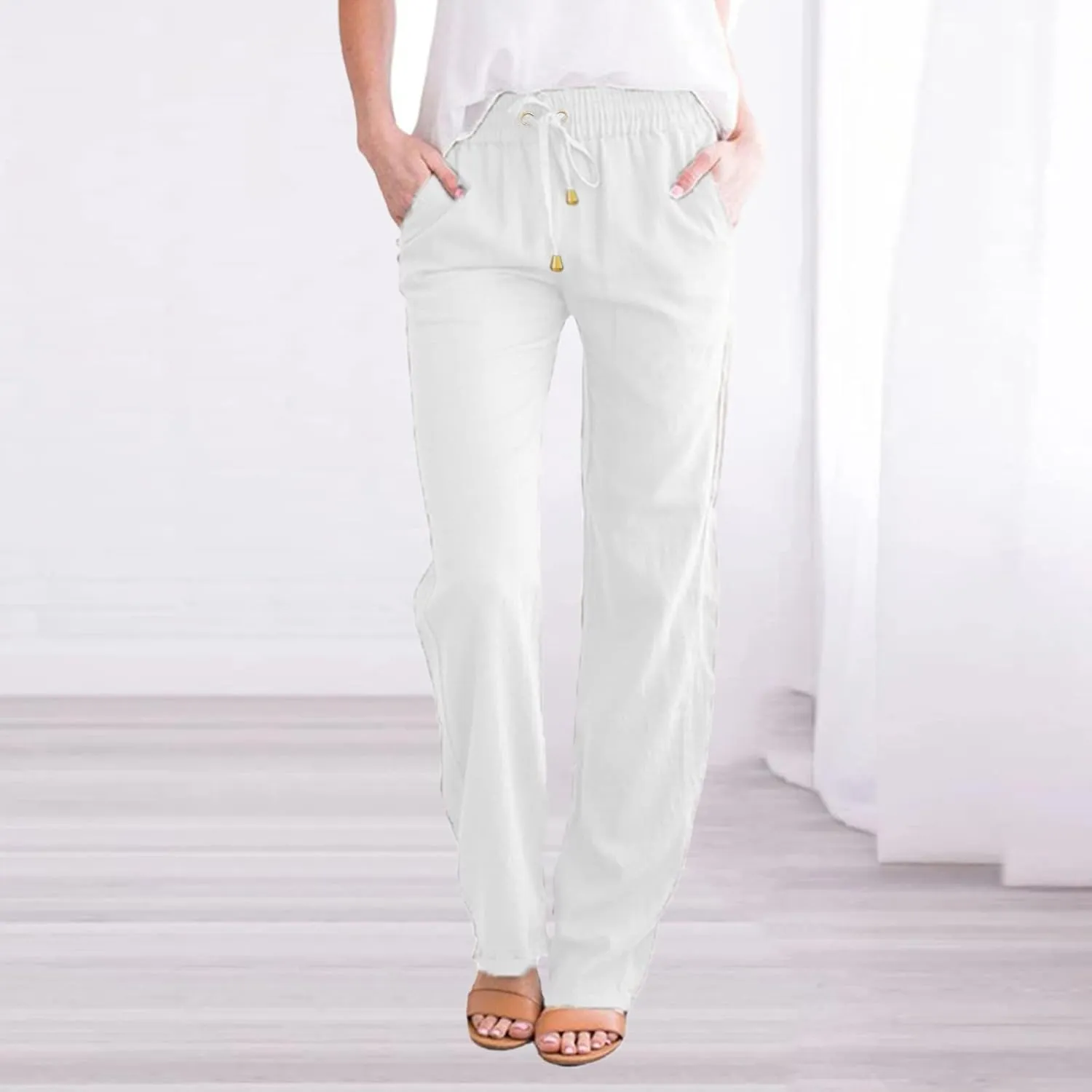 Womens Cotton Linen Casual Pants Straight Leg Drawstring Elastic High Waist Loose Comfy Palazzo Trousers with Pockets
