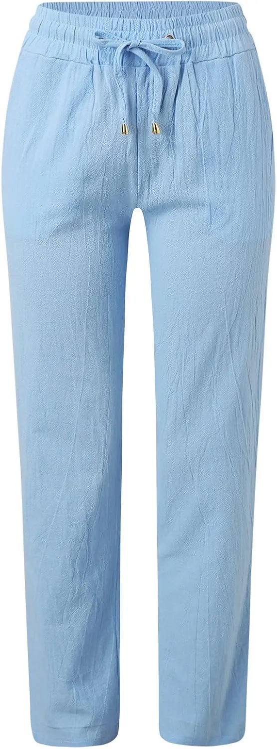 Womens Cotton Linen Casual Pants Straight Leg Drawstring Elastic High Waist Loose Comfy Palazzo Trousers with Pockets
