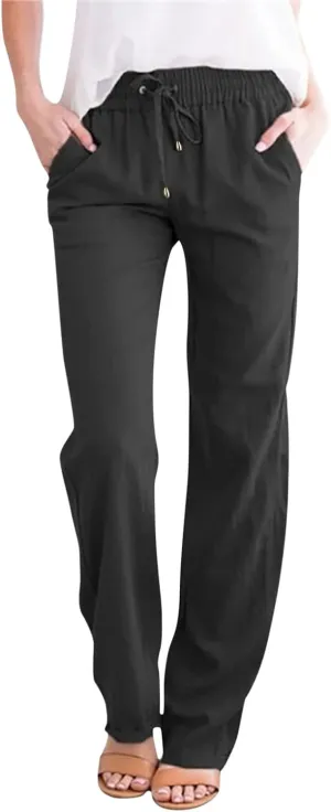 Womens Cotton Linen Casual Pants Straight Leg Drawstring Elastic High Waist Loose Comfy Palazzo Trousers with Pockets