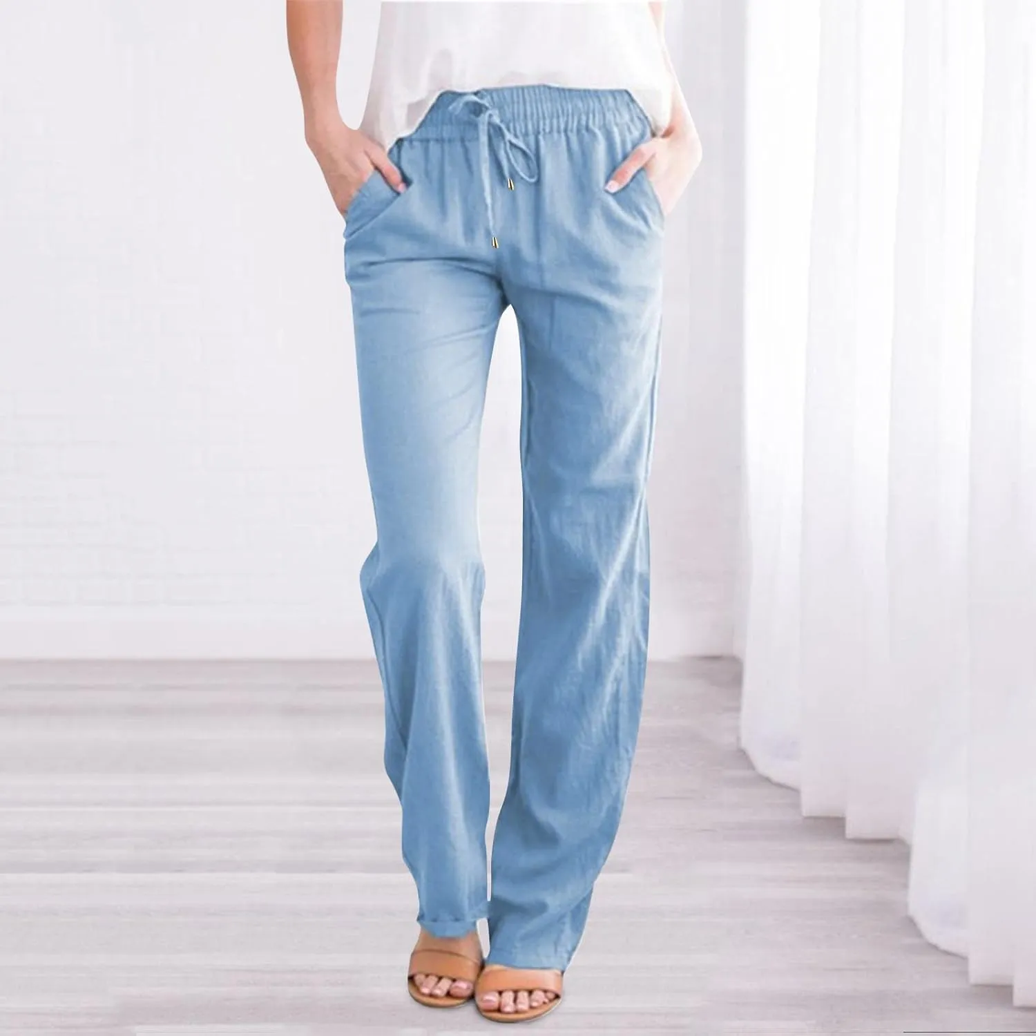 Womens Cotton Linen Casual Pants Straight Leg Drawstring Elastic High Waist Loose Comfy Palazzo Trousers with Pockets