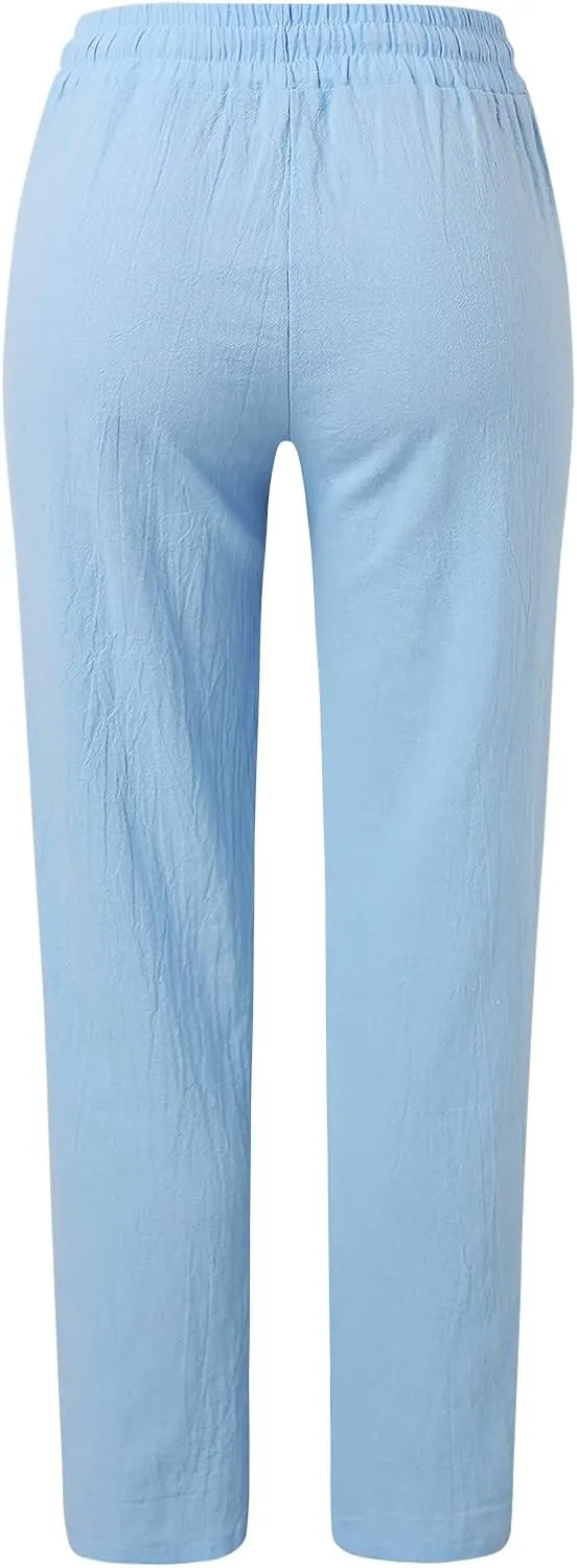Womens Cotton Linen Casual Pants Straight Leg Drawstring Elastic High Waist Loose Comfy Palazzo Trousers with Pockets