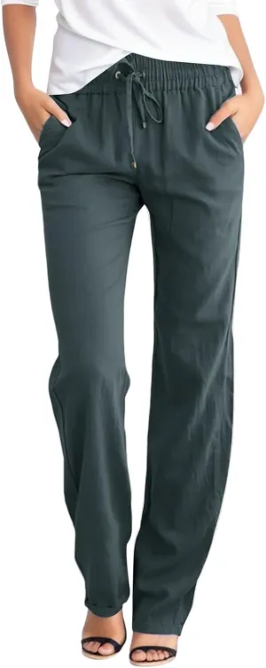 Womens Cotton Linen Casual Pants Straight Leg Drawstring Elastic High Waist Loose Comfy Palazzo Trousers with Pockets