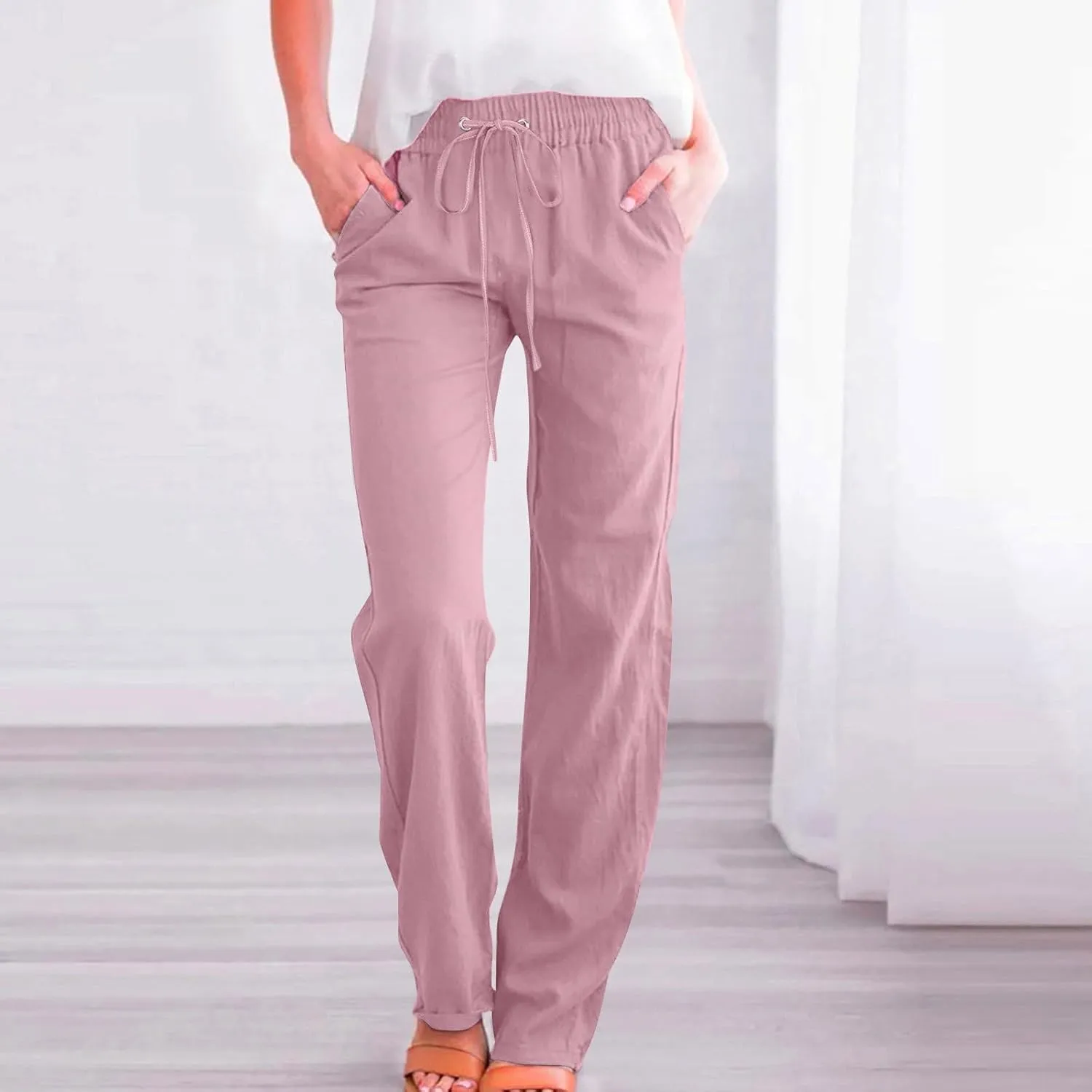 Womens Cotton Linen Pants Lace Up Elastic Waist Casual Solid Straight Leg Trousers Summer Loose Comfy Beach Pant