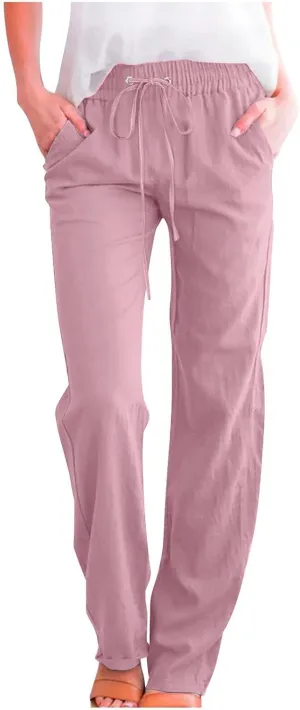Womens Cotton Linen Pants Lace Up Elastic Waist Casual Solid Straight Leg Trousers Summer Loose Comfy Beach Pant