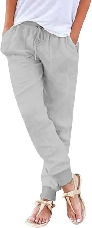 Womens Cotton Linen Pants with Pockets Elastic Waist Drawstring Tapered Pant Casual Trousers Lightweight Summer Pants