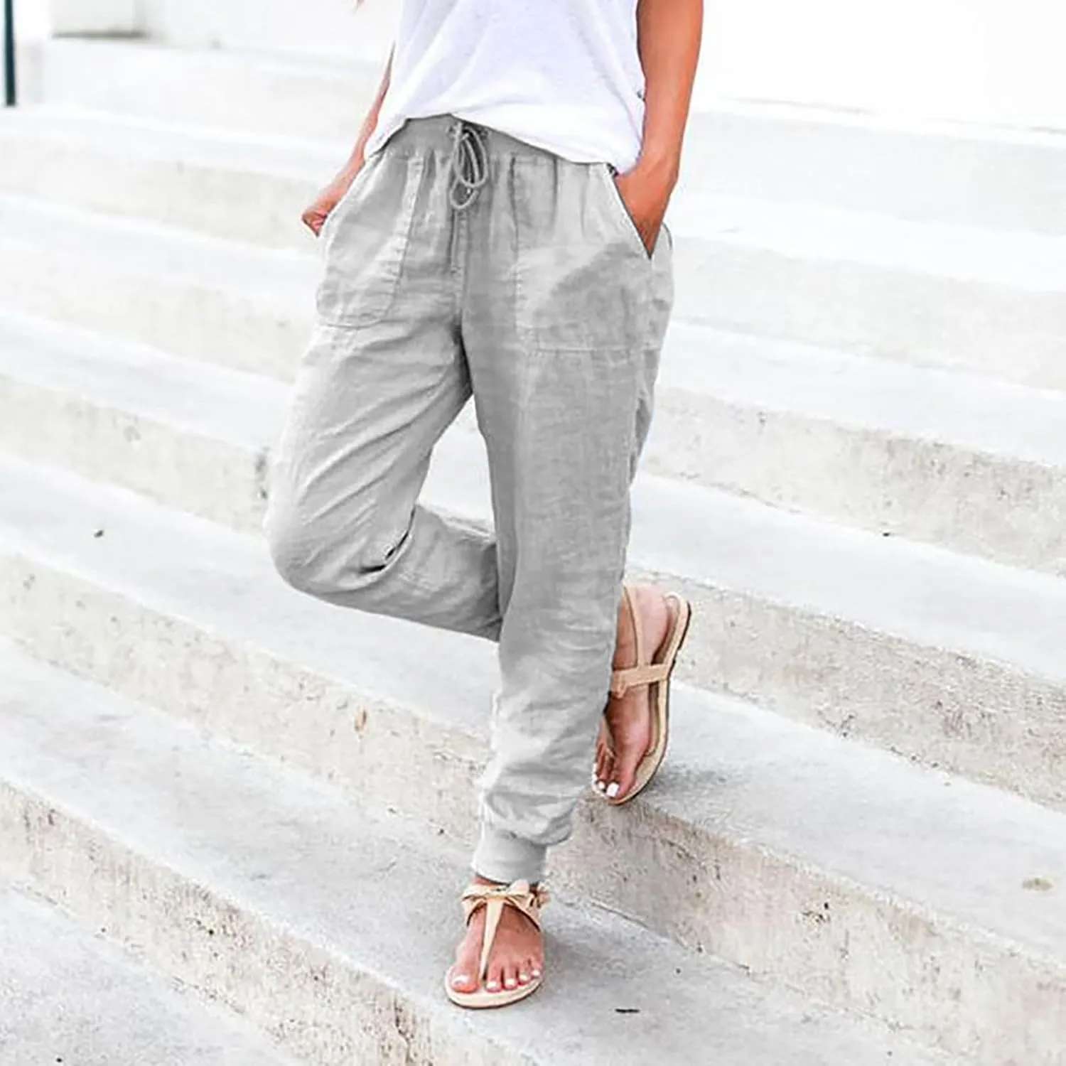 Womens Cotton Linen Pants with Pockets Elastic Waist Drawstring Tapered Pant Casual Trousers Lightweight Summer Pants