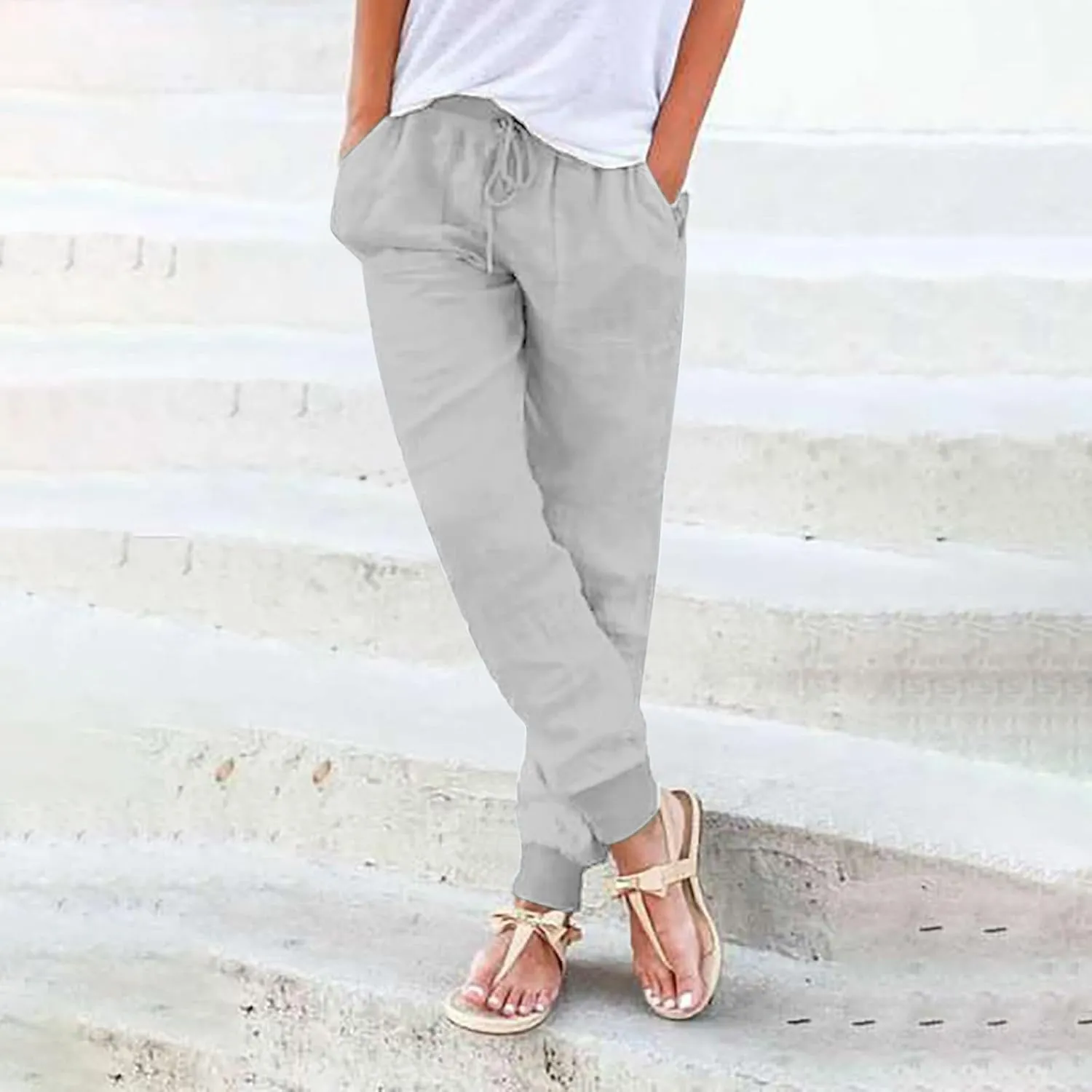 Womens Cotton Linen Pants with Pockets Elastic Waist Drawstring Tapered Pant Casual Trousers Lightweight Summer Pants