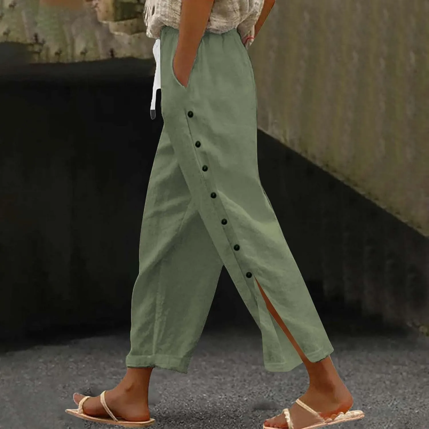 Womens Cotton Linen Straight Trousers High-Waist Summer Split Leg Pants Loose Comfy Pant for Vacation