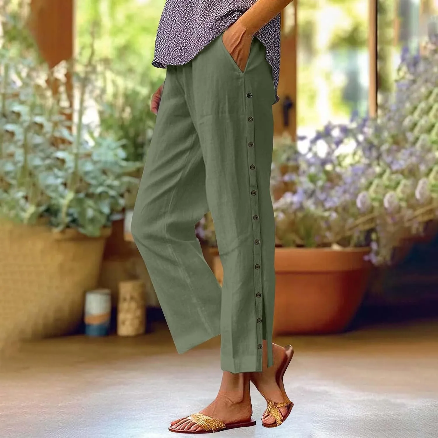 Womens Cotton Linen Straight Trousers High-Waist Summer Split Leg Pants Loose Comfy Pant for Vacation