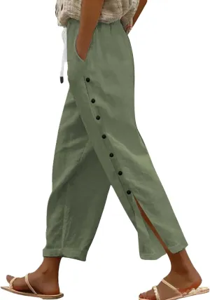 Womens Cotton Linen Straight Trousers High-Waist Summer Split Leg Pants Loose Comfy Pant for Vacation