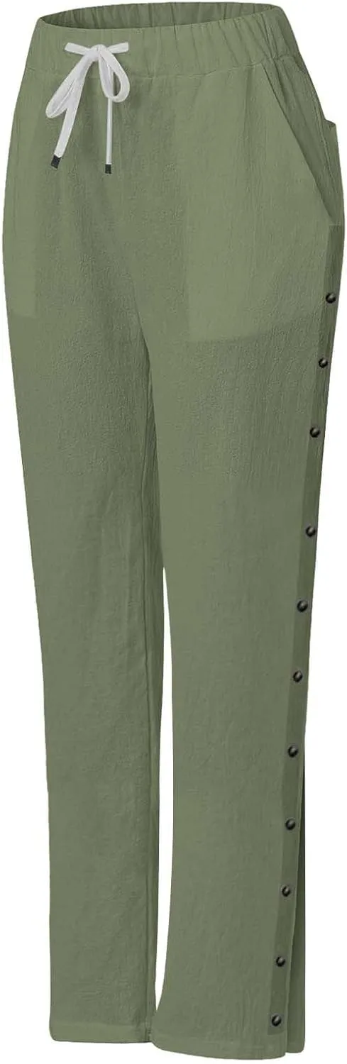 Womens Cotton Linen Straight Trousers High-Waist Summer Split Leg Pants Loose Comfy Pant for Vacation