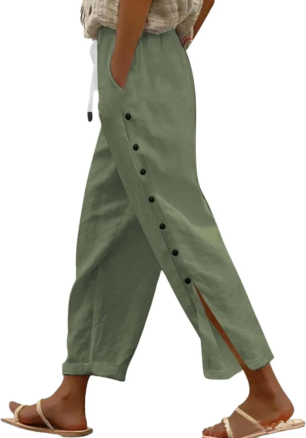 Womens Cotton Linen Straight Trousers High-Waist Summer Split Leg Pants Loose Comfy Pant for Vacation