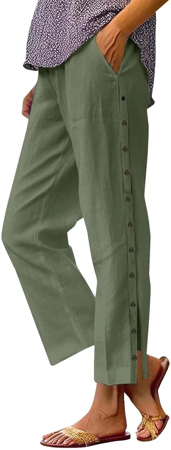 Womens Cotton Linen Straight Trousers High-Waist Summer Split Leg Pants Loose Comfy Pant for Vacation