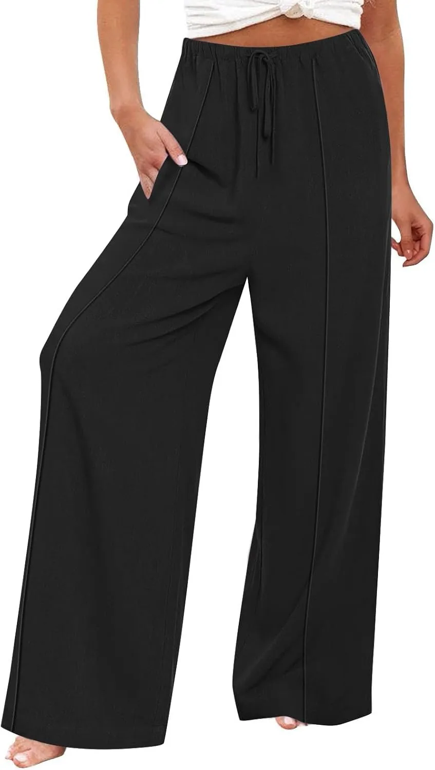 Womens Cotton Linen Summer Palazzo Pants Loose Comfy Wide Leg Pants Drawstring Elastic Waist Lounge Pants with Pockets