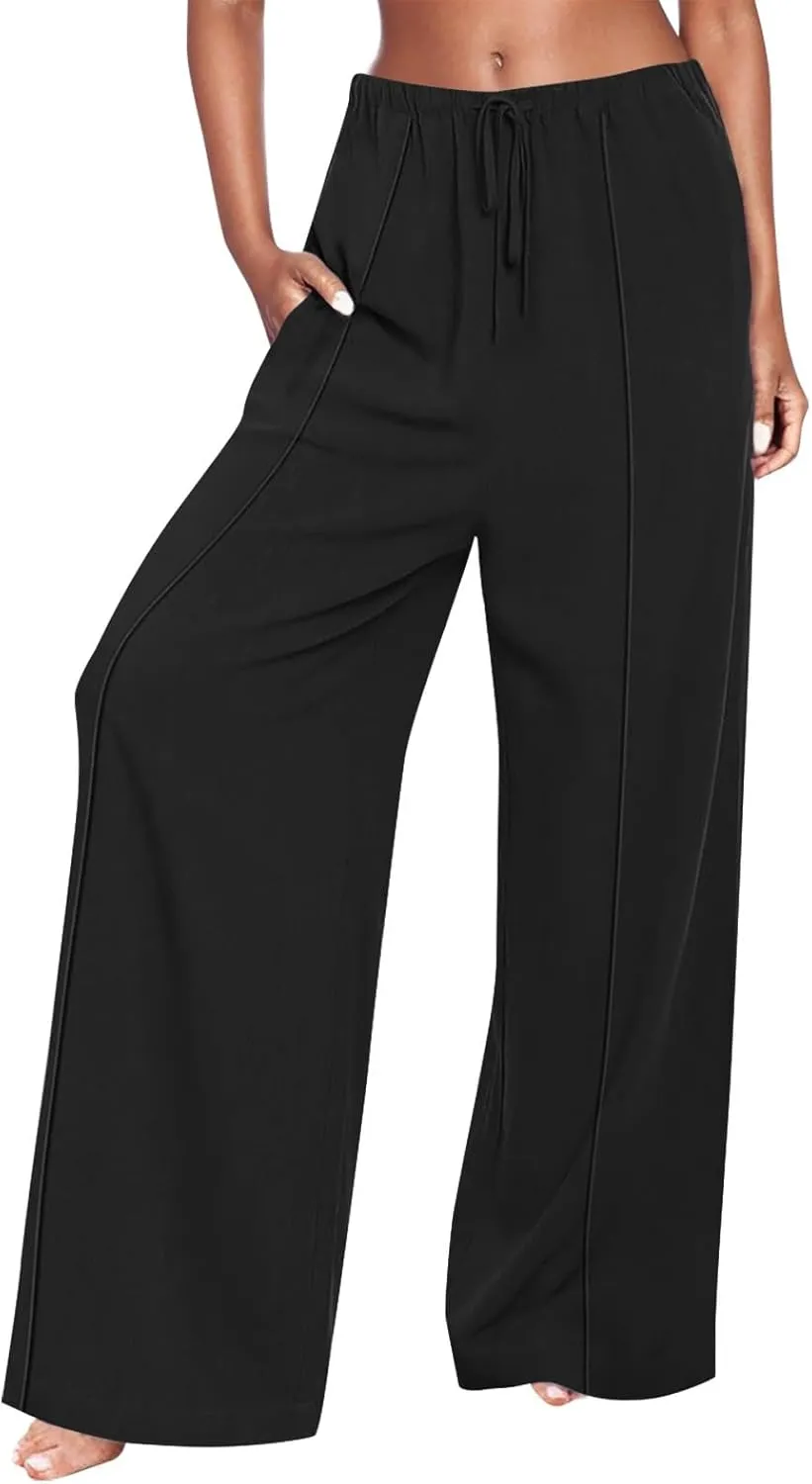 Womens Cotton Linen Summer Palazzo Pants Loose Comfy Wide Leg Pants Drawstring Elastic Waist Lounge Pants with Pockets