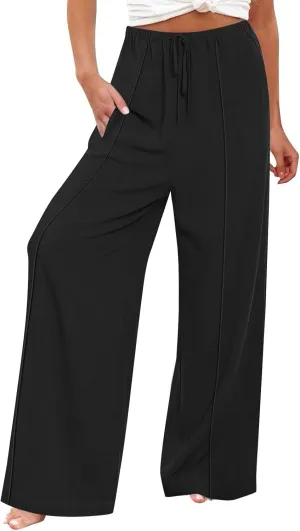 Womens Cotton Linen Summer Palazzo Pants Loose Comfy Wide Leg Pants Drawstring Elastic Waist Lounge Pants with Pockets