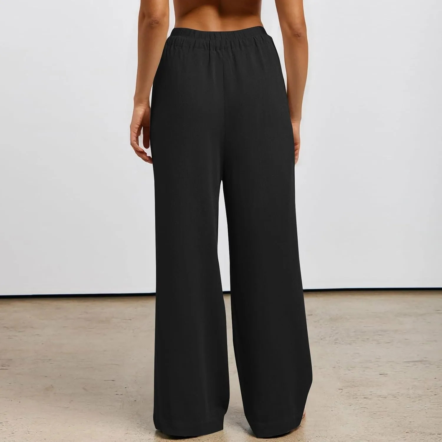Womens Cotton Linen Summer Palazzo Pants Loose Comfy Wide Leg Pants Drawstring Elastic Waist Lounge Pants with Pockets