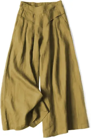 Women's Culottes Linen Wide Leg Pants Flowy Loose Cropped Pants Elastic Waist Palazzo Beach Pant Summer Casual Trouser