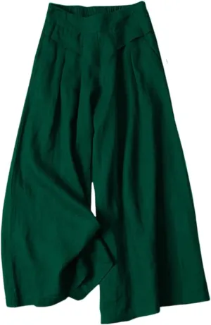 Women's Culottes Linen Wide Leg Pants Flowy Loose Cropped Pants Elastic Waist Palazzo Beach Pant Summer Casual Trouser