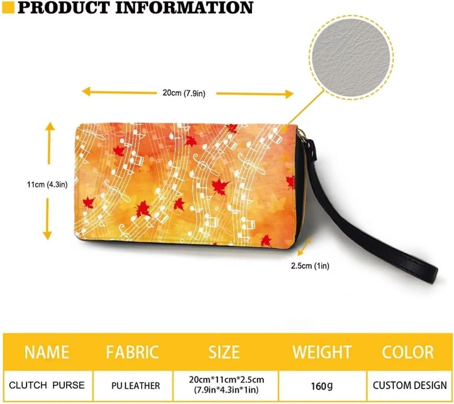 Womens Cute Wallet Autumn Leaves Music Notes Print Around Zipper Long Purse RFID Blocking Card Holder Clutch Bag Wristlet Wallet