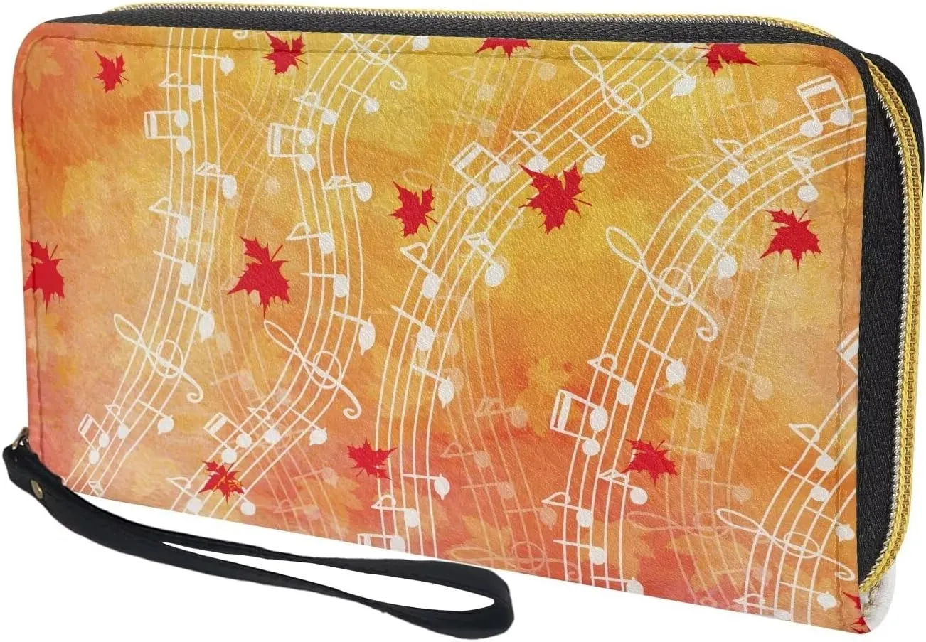 Womens Cute Wallet Autumn Leaves Music Notes Print Around Zipper Long Purse RFID Blocking Card Holder Clutch Bag Wristlet Wallet
