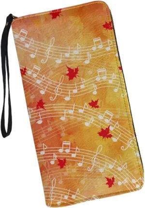 Womens Cute Wallet Autumn Leaves Music Notes Print Around Zipper Long Purse RFID Blocking Card Holder Clutch Bag Wristlet Wallet