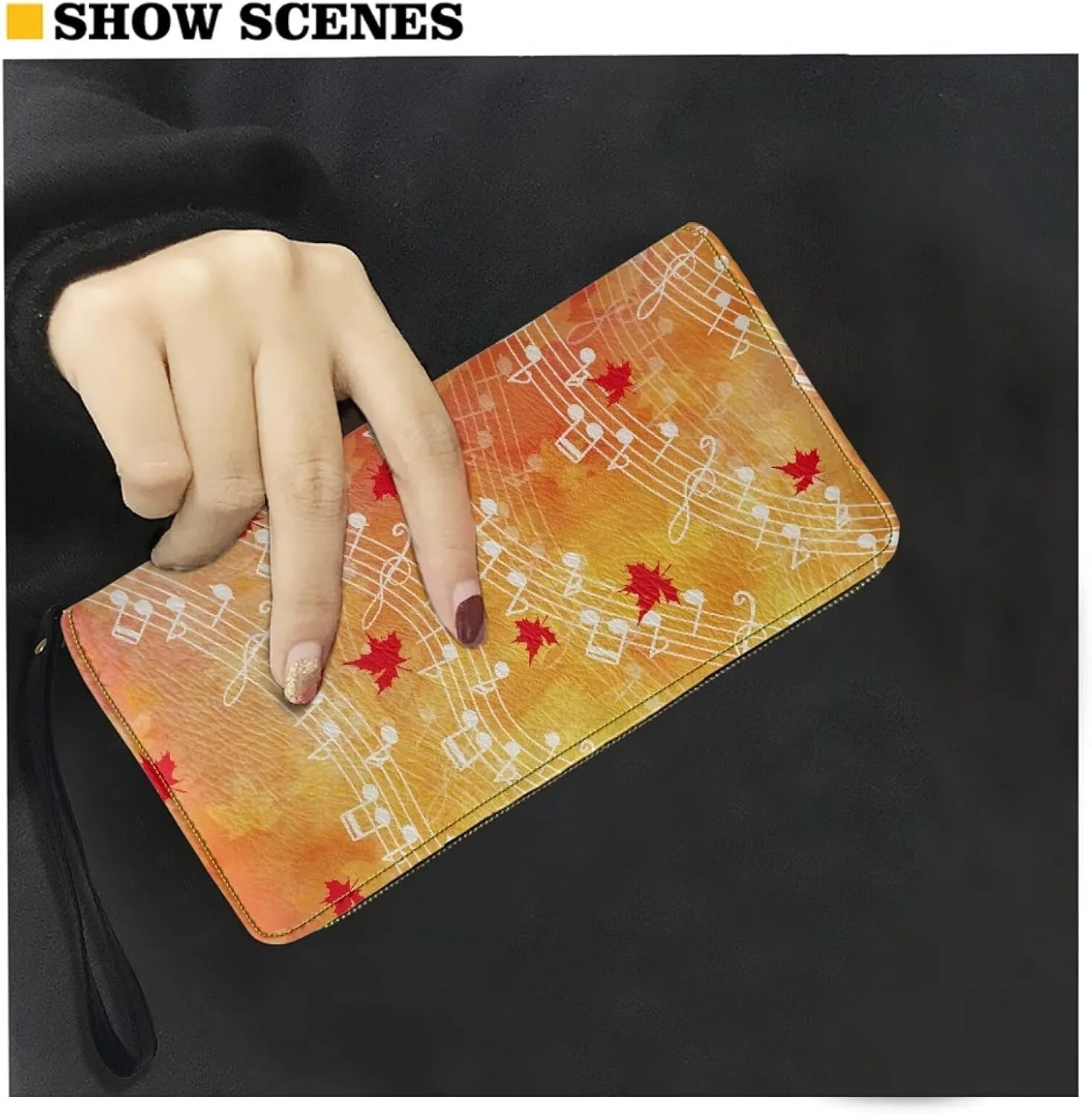Womens Cute Wallet Autumn Leaves Music Notes Print Around Zipper Long Purse RFID Blocking Card Holder Clutch Bag Wristlet Wallet