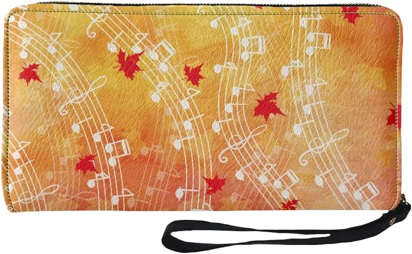 Womens Cute Wallet Autumn Leaves Music Notes Print Around Zipper Long Purse RFID Blocking Card Holder Clutch Bag Wristlet Wallet