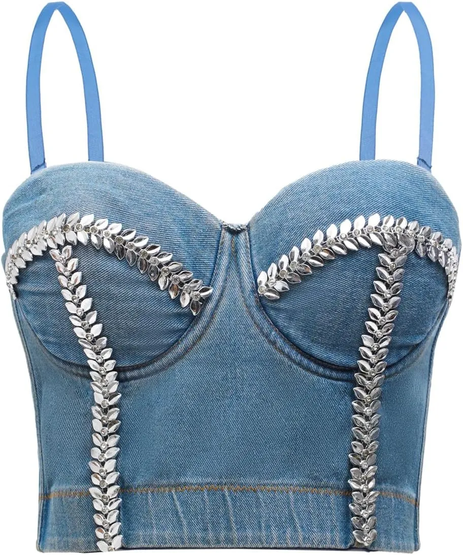 Women's Denim Tank Top Corset Bustier Blue Jean Crop Top Bra Streetwear Cami Detachable Straps Push Up Vest