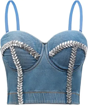 Women's Denim Tank Top Corset Bustier Blue Jean Crop Top Bra Streetwear Cami Detachable Straps Push Up Vest